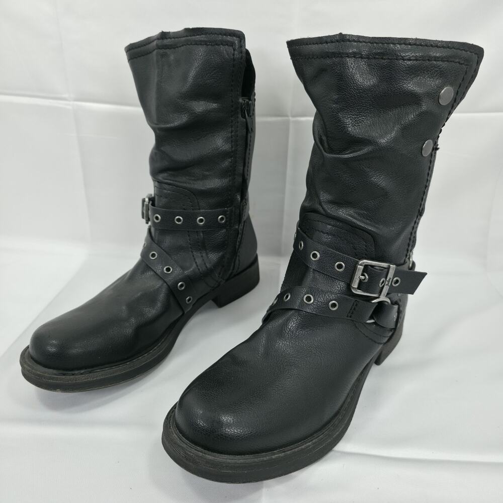 Zodiac Faith Womens 10 Black Moto Biker Boots Buckle Harness Studded Mid Ca